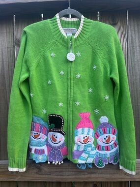 Vintage Tiara International Bright Green Snowman Zip Cardigan Sweater, Small